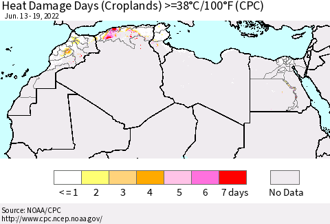 North Africa Heat Damage Days (Croplands) >=38°C/100°F (CPC) Thematic Map For 6/13/2022 - 6/19/2022