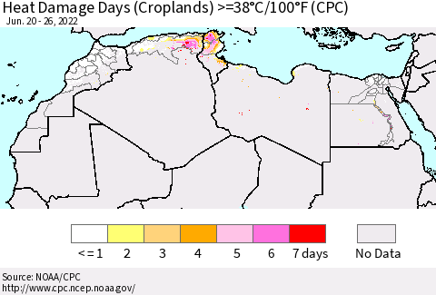 North Africa Heat Damage Days (Croplands) >=38°C/100°F (CPC) Thematic Map For 6/20/2022 - 6/26/2022