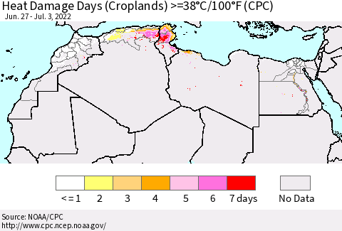 North Africa Heat Damage Days (Croplands) >=38°C/100°F (CPC) Thematic Map For 6/27/2022 - 7/3/2022