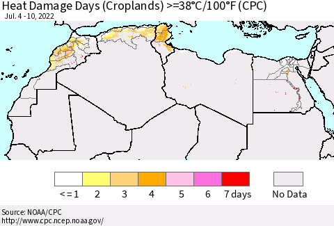 North Africa Heat Damage Days (Croplands) >=38°C/100°F (CPC) Thematic Map For 7/4/2022 - 7/10/2022