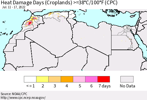 North Africa Heat Damage Days (Croplands) >=38°C/100°F (CPC) Thematic Map For 7/11/2022 - 7/17/2022