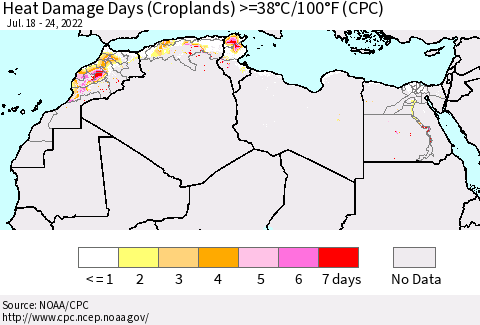 North Africa Heat Damage Days (Croplands) >=38°C/100°F (CPC) Thematic Map For 7/18/2022 - 7/24/2022