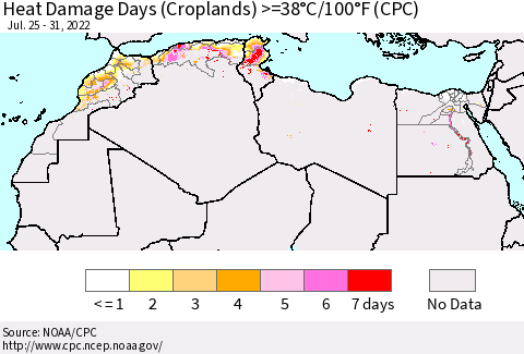 North Africa Heat Damage Days (Croplands) >=38°C/100°F (CPC) Thematic Map For 7/25/2022 - 7/31/2022