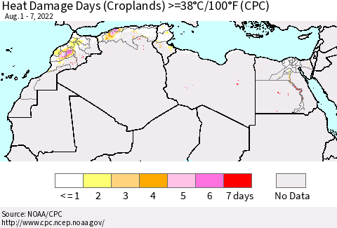 North Africa Heat Damage Days (Croplands) >=38°C/100°F (CPC) Thematic Map For 8/1/2022 - 8/7/2022