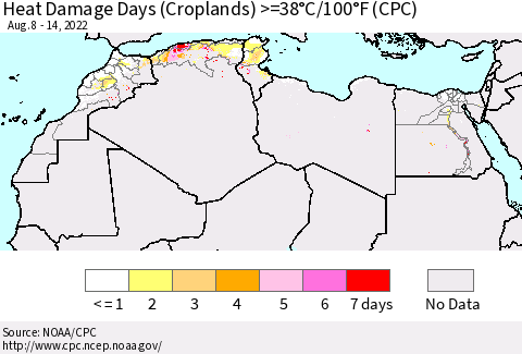 North Africa Heat Damage Days (Croplands) >=38°C/100°F (CPC) Thematic Map For 8/8/2022 - 8/14/2022