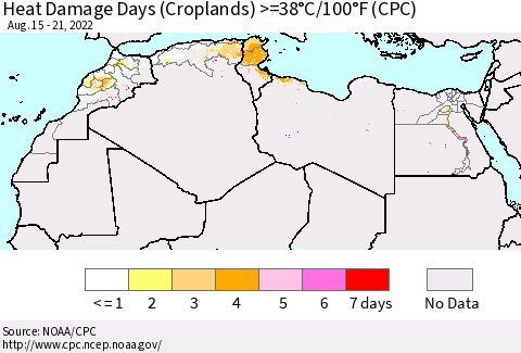 North Africa Heat Damage Days (Croplands) >=38°C/100°F (CPC) Thematic Map For 8/15/2022 - 8/21/2022