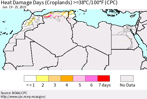 North Africa Heat Damage Days (Croplands) >=38°C/100°F (CPC) Thematic Map For 6/19/2023 - 6/25/2023