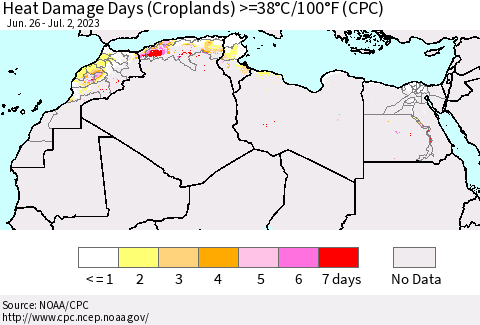 North Africa Heat Damage Days (Croplands) >=38°C/100°F (CPC) Thematic Map For 6/26/2023 - 7/2/2023