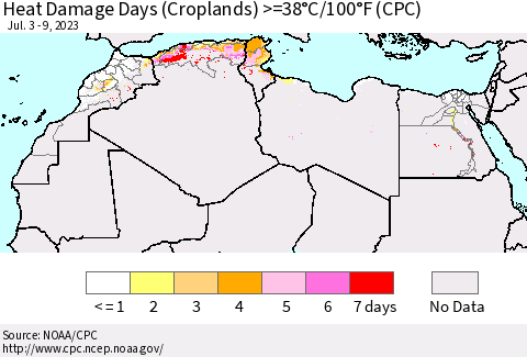 North Africa Heat Damage Days (Croplands) >=38°C/100°F (CPC) Thematic Map For 7/3/2023 - 7/9/2023