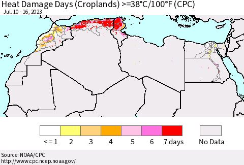 North Africa Heat Damage Days (Croplands) >=38°C/100°F (CPC) Thematic Map For 7/10/2023 - 7/16/2023
