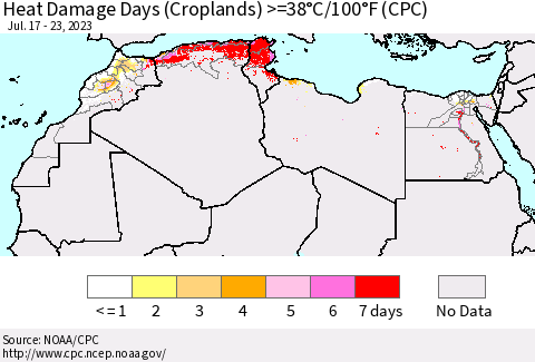 North Africa Heat Damage Days (Croplands) >=38°C/100°F (CPC) Thematic Map For 7/17/2023 - 7/23/2023
