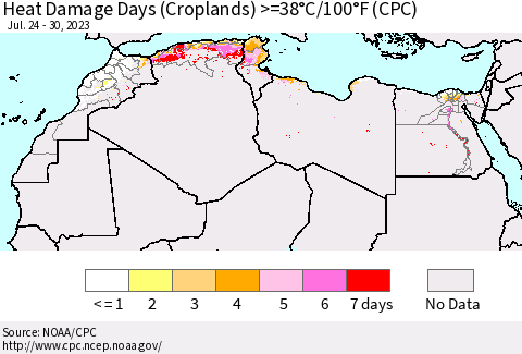 North Africa Heat Damage Days (Croplands) >=38°C/100°F (CPC) Thematic Map For 7/24/2023 - 7/30/2023