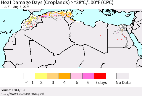 North Africa Heat Damage Days (Croplands) >=38°C/100°F (CPC) Thematic Map For 7/31/2023 - 8/6/2023