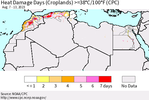 North Africa Heat Damage Days (Croplands) >=38°C/100°F (CPC) Thematic Map For 8/7/2023 - 8/13/2023
