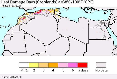 North Africa Heat Damage Days (Croplands) >=38°C/100°F (CPC) Thematic Map For 8/14/2023 - 8/20/2023