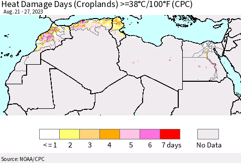 North Africa Heat Damage Days (Croplands) >=38°C/100°F (CPC) Thematic Map For 8/21/2023 - 8/27/2023