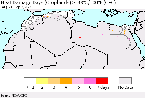 North Africa Heat Damage Days (Croplands) >=38°C/100°F (CPC) Thematic Map For 8/28/2023 - 9/3/2023