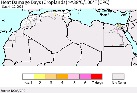 North Africa Heat Damage Days (Croplands) >=38°C/100°F (CPC) Thematic Map For 9/4/2023 - 9/10/2023