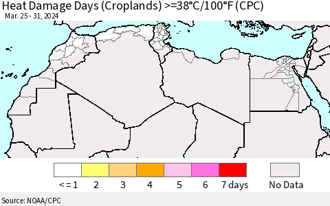North Africa Heat Damage Days (Croplands) >=38°C/100°F (CPC) Thematic Map For 3/25/2024 - 3/31/2024