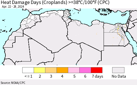 North Africa Heat Damage Days (Croplands) >=38°C/100°F (CPC) Thematic Map For 4/22/2024 - 4/28/2024
