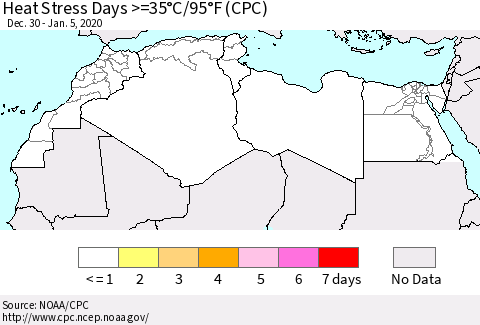 North Africa Heat Stress Days >=35°C/95°F (CPC) Thematic Map For 12/30/2019 - 1/5/2020