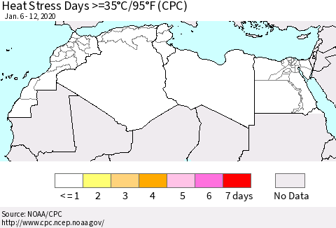 North Africa Heat Stress Days >=35°C/95°F (CPC) Thematic Map For 1/6/2020 - 1/12/2020