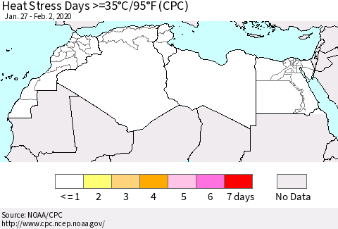 North Africa Heat Stress Days >=35°C/95°F (CPC) Thematic Map For 1/27/2020 - 2/2/2020