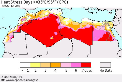 North Africa Heat Stress Days >=35°C/95°F (CPC) Thematic Map For 9/6/2021 - 9/12/2021