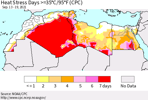 North Africa Heat Stress Days >=35°C/95°F (CPC) Thematic Map For 9/13/2021 - 9/19/2021