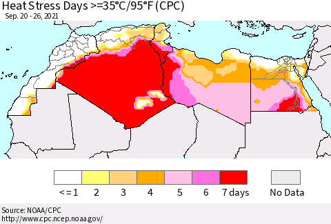 North Africa Heat Stress Days >=35°C/95°F (CPC) Thematic Map For 9/20/2021 - 9/26/2021