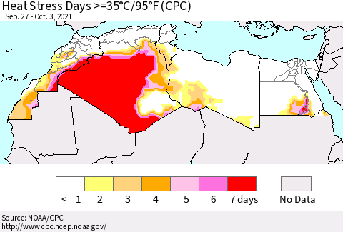 North Africa Heat Stress Days >=35°C/95°F (CPC) Thematic Map For 9/27/2021 - 10/3/2021