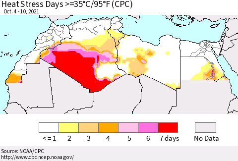 North Africa Heat Stress Days >=35°C/95°F (CPC) Thematic Map For 10/4/2021 - 10/10/2021