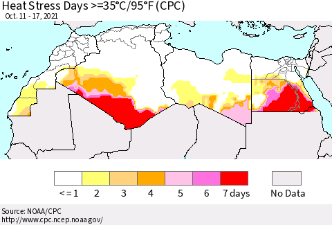 North Africa Heat Stress Days >=35°C/95°F (CPC) Thematic Map For 10/11/2021 - 10/17/2021