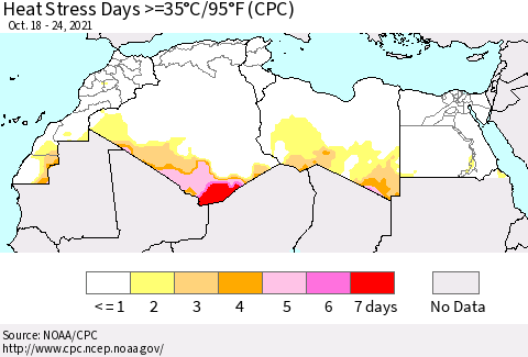 North Africa Heat Stress Days >=35°C/95°F (CPC) Thematic Map For 10/18/2021 - 10/24/2021