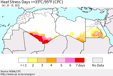 North Africa Heat Stress Days >=35°C/95°F (CPC) Thematic Map For 10/25/2021 - 10/31/2021