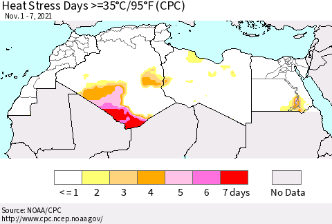 North Africa Heat Stress Days >=35°C/95°F (CPC) Thematic Map For 11/1/2021 - 11/7/2021
