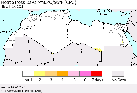 North Africa Heat Stress Days >=35°C/95°F (CPC) Thematic Map For 11/8/2021 - 11/14/2021