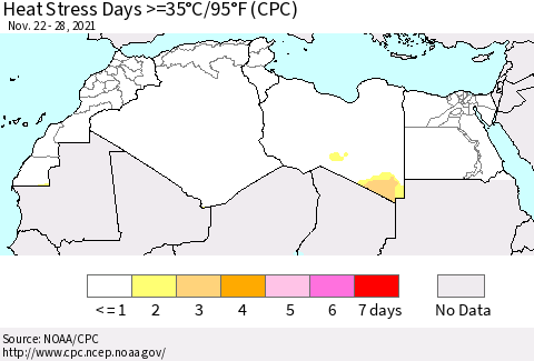 North Africa Heat Stress Days >=35°C/95°F (CPC) Thematic Map For 11/22/2021 - 11/28/2021