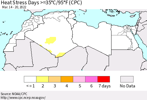 North Africa Heat Stress Days >=35°C/95°F (CPC) Thematic Map For 3/14/2022 - 3/20/2022