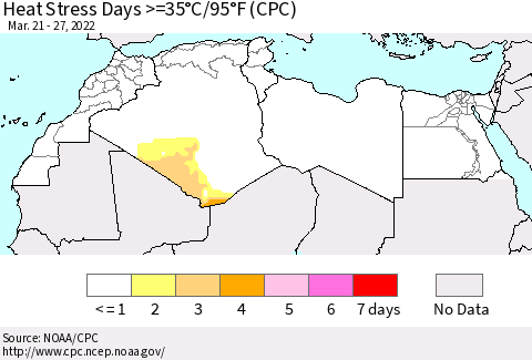 North Africa Heat Stress Days >=35°C/95°F (CPC) Thematic Map For 3/21/2022 - 3/27/2022