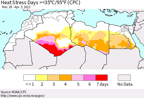 North Africa Heat Stress Days >=35°C/95°F (CPC) Thematic Map For 3/28/2022 - 4/3/2022