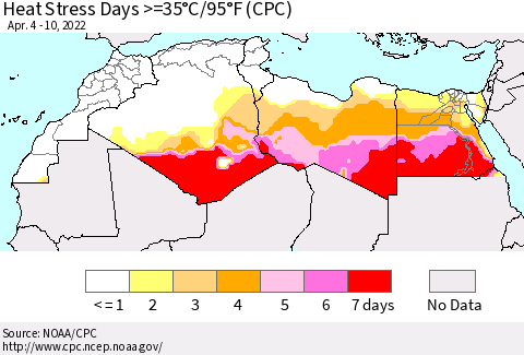 North Africa Heat Stress Days >=35°C/95°F (CPC) Thematic Map For 4/4/2022 - 4/10/2022
