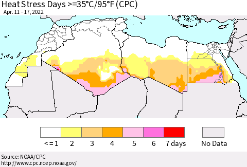 North Africa Heat Stress Days >=35°C/95°F (CPC) Thematic Map For 4/11/2022 - 4/17/2022