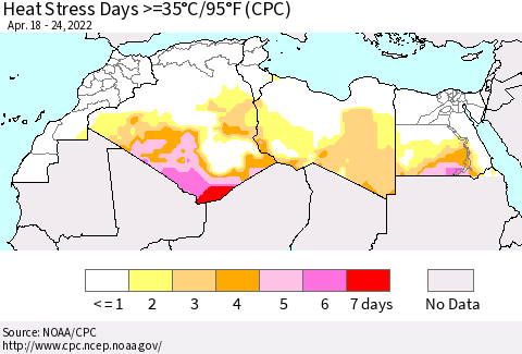 North Africa Heat Stress Days >=35°C/95°F (CPC) Thematic Map For 4/18/2022 - 4/24/2022