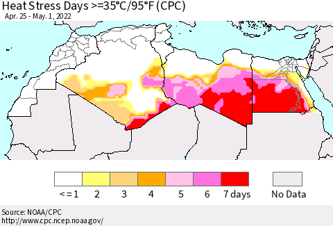 North Africa Heat Stress Days >=35°C/95°F (CPC) Thematic Map For 4/25/2022 - 5/1/2022