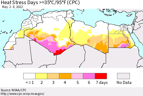 North Africa Heat Stress Days >=35°C/95°F (CPC) Thematic Map For 5/2/2022 - 5/8/2022