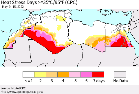 North Africa Heat Stress Days >=35°C/95°F (CPC) Thematic Map For 5/9/2022 - 5/15/2022