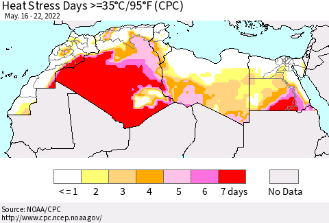 North Africa Heat Stress Days >=35°C/95°F (CPC) Thematic Map For 5/16/2022 - 5/22/2022