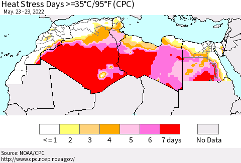 North Africa Heat Stress Days >=35°C/95°F (CPC) Thematic Map For 5/23/2022 - 5/29/2022