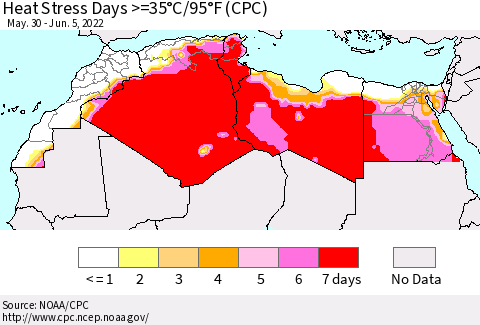 North Africa Heat Stress Days >=35°C/95°F (CPC) Thematic Map For 5/30/2022 - 6/5/2022